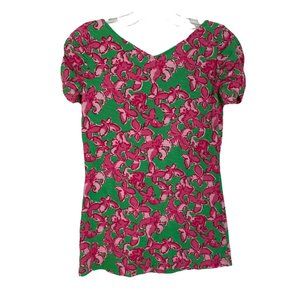Lilly Pulitzer Leila Printed Top Short Sleeve Green Pink Floral Cotton XS